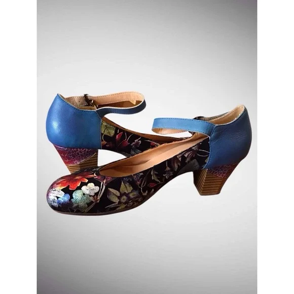 SOCOFY WOMEN'S LEATHER FLORAL MARY JANE STRAP PUMP HEELS SHOES SIZE 41 US 10.5 - Picture 5 of 9